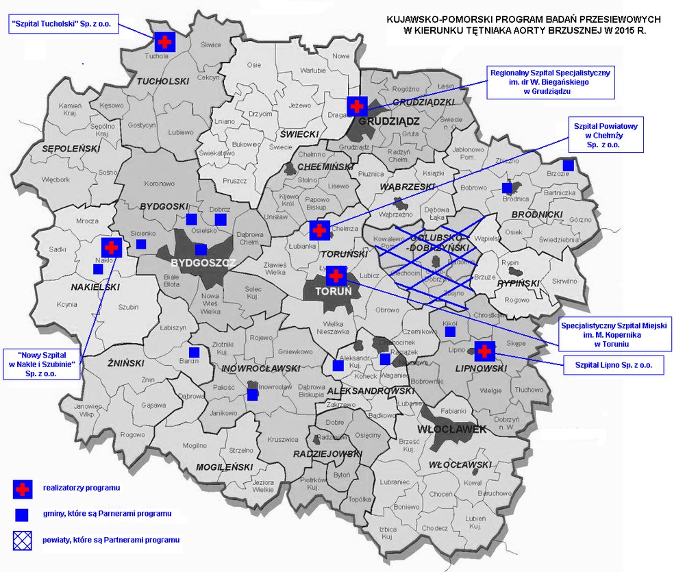 Kujawsko-Pomorski Program Badań Przesiewowych w Kierunku Tętniaka Aorty Brzusznej - mapa