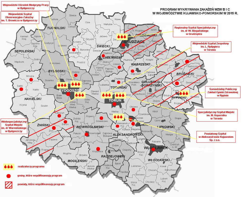 Program Wykrywania Zakażeń WZW B i C w Województwie Kujawsko-Pomorskim - mapa