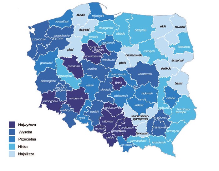 Mapa - Atrakcyjność inwestycyjna podregionów dla działalności przemysłowej w 2016 r.
