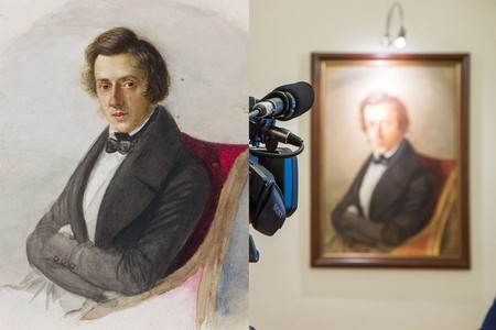 Wnętrze Ośrodka Chopinowskiego w Szafarni i portret Chopina namalowany przez Marię Wodzińską, fot. Szymon Zdziebło/tarantoga.pl i reprodukcja z domeny publicznej