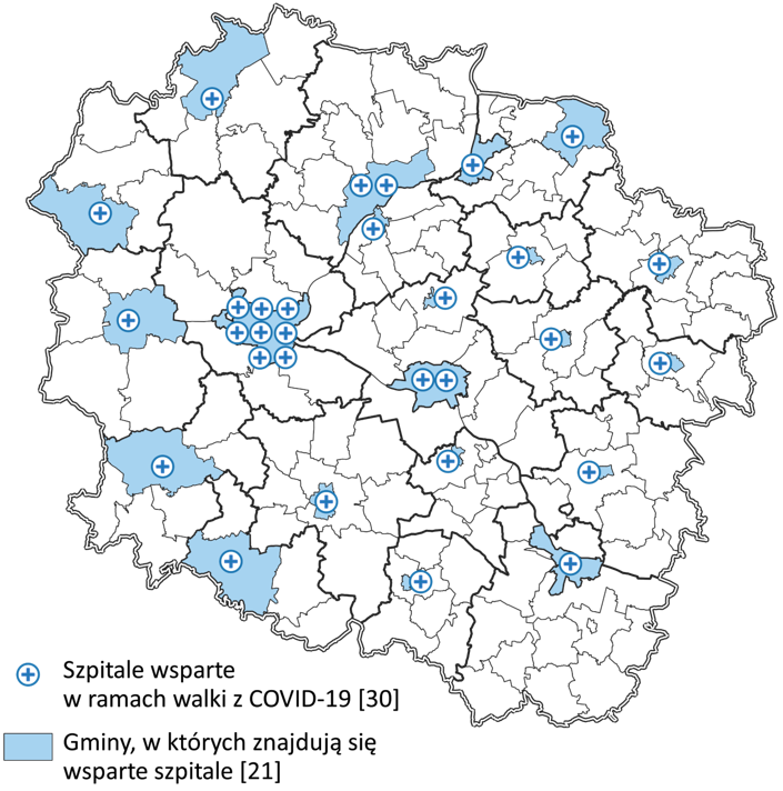 Mapa szpitali wspartych w ramach walki z COVID-19 w województwie kujawsko-pomorskim