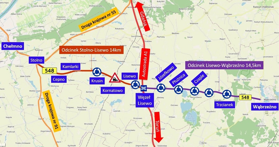 Mapka poglądowa pokazująca drogę Chełmno - Wąbrzeźno, graf. ZDW w Bydgoszczy