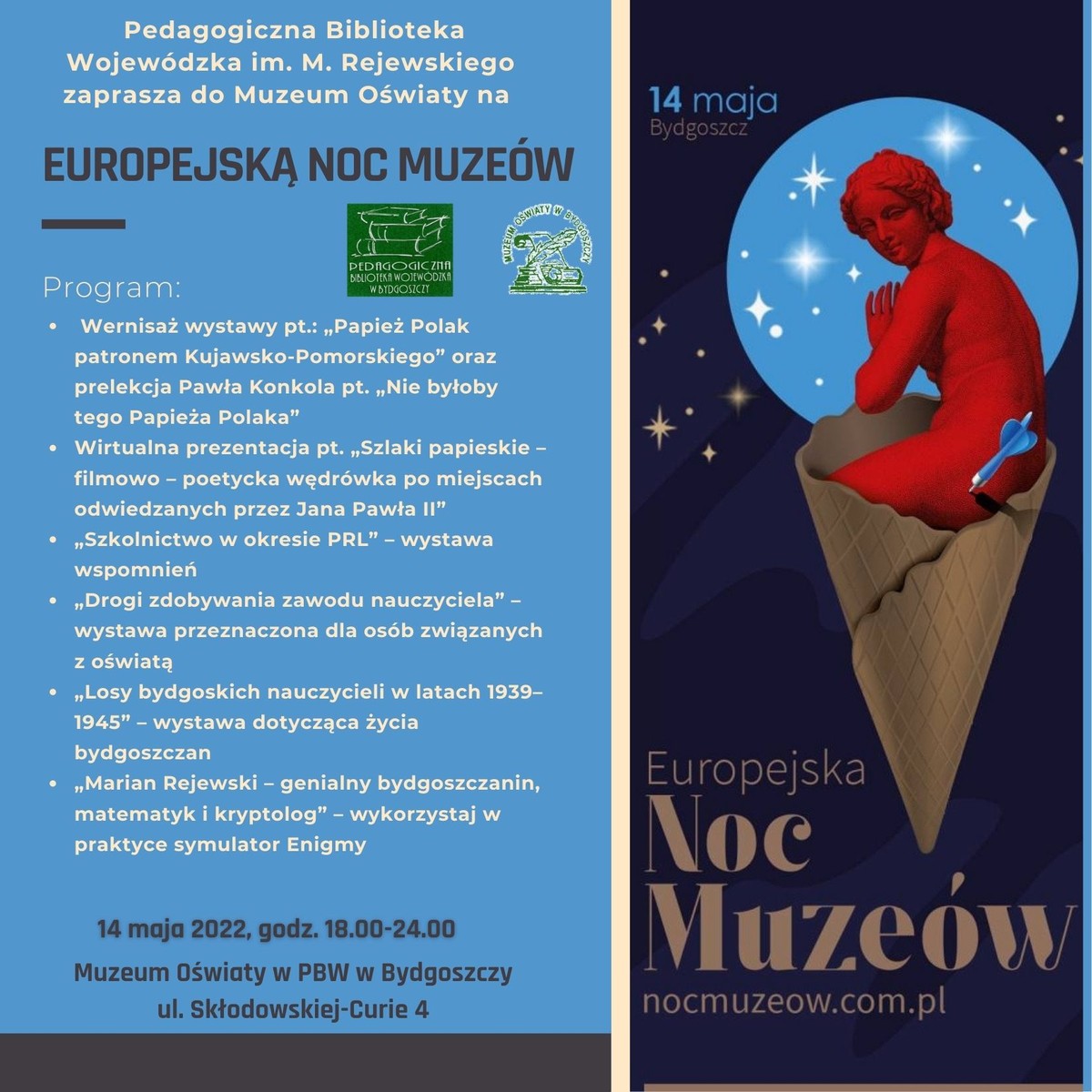 Ulotka z programem na Europejskiej Nocy Muzeów w Muzeum Oświaty