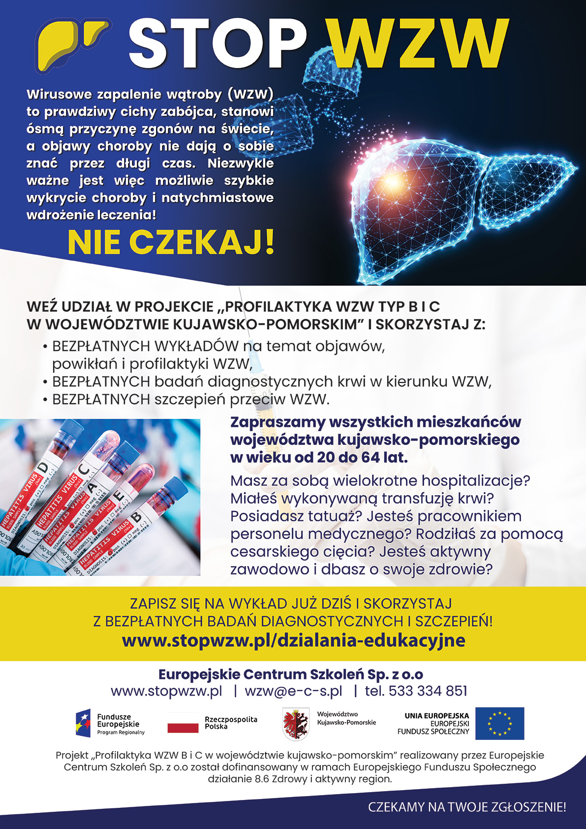 Plakat informujący o programie Profilaktyka WZW B i C w województwie kujawsko-pomorskim