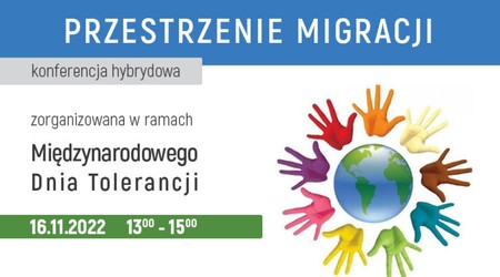 Baner: Przestrzenie migracji - konferencja hybrydowa zorganizowana w ramach Międzynarodowego Dnia Tolerancji. 16.11.2022 w godzinach 13-15