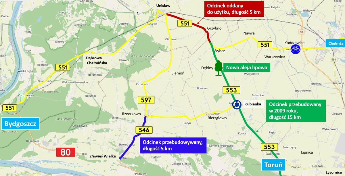Mapka przedstawiająca etapy prac na poszczególnych odcinkach dróg, graf. ZDW w Bydgoszczy