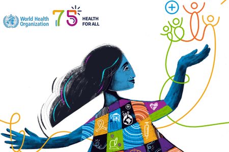 Fragment plakatu Światowy dzień zdrowia – „zdrowie dla wszystkich”, 75 urodziny Światowej Organizacji Zdrowia 2023