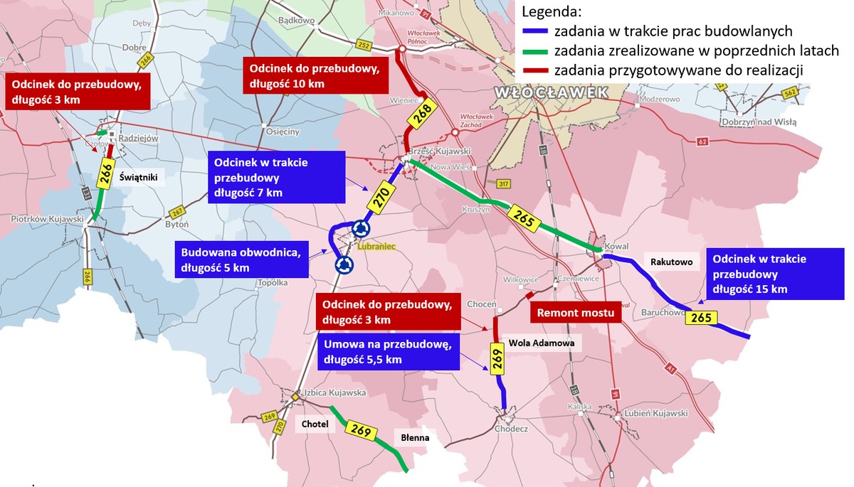 Mapka przedstawiająca inwestycje drogowe realizowane na terenie powiatu włocławskiego (zadania w trakcie prac budowlanych, zadania realizowane w poprzednich latach oraz zadania przygotowywane do realizacji), grafika: Zarząd Dróg Wojewódzkich