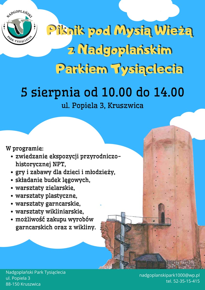 Piknik pod Mysią Wieżą z Nadgoplańskim Parkiem Tysiąclecia. 5 sierpnia od 10:00 do 14:00, ul. Popiela 3, Kruszwica, plakat z programem.