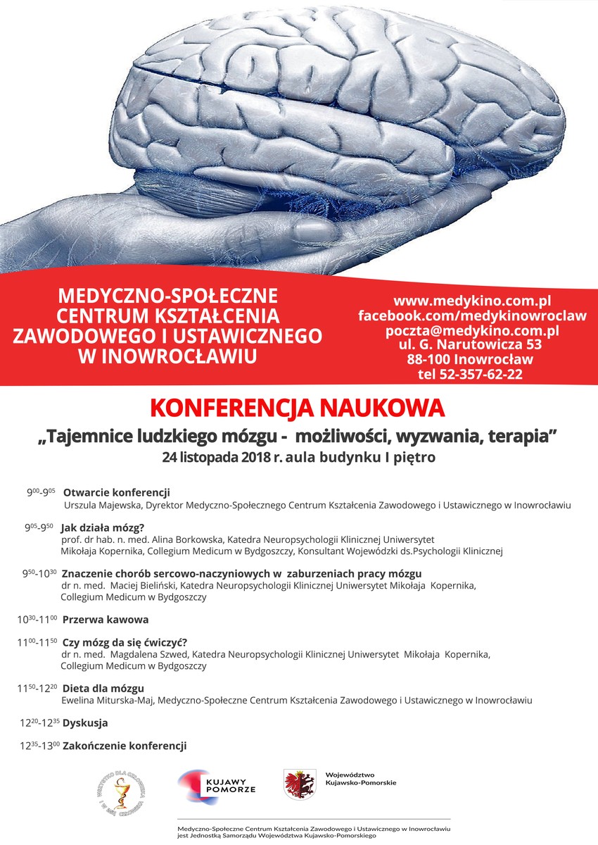 Plakat konferencji naukowej: Tajemnice ludzkiego mózgu - możliwości, wyzwania, terapia.