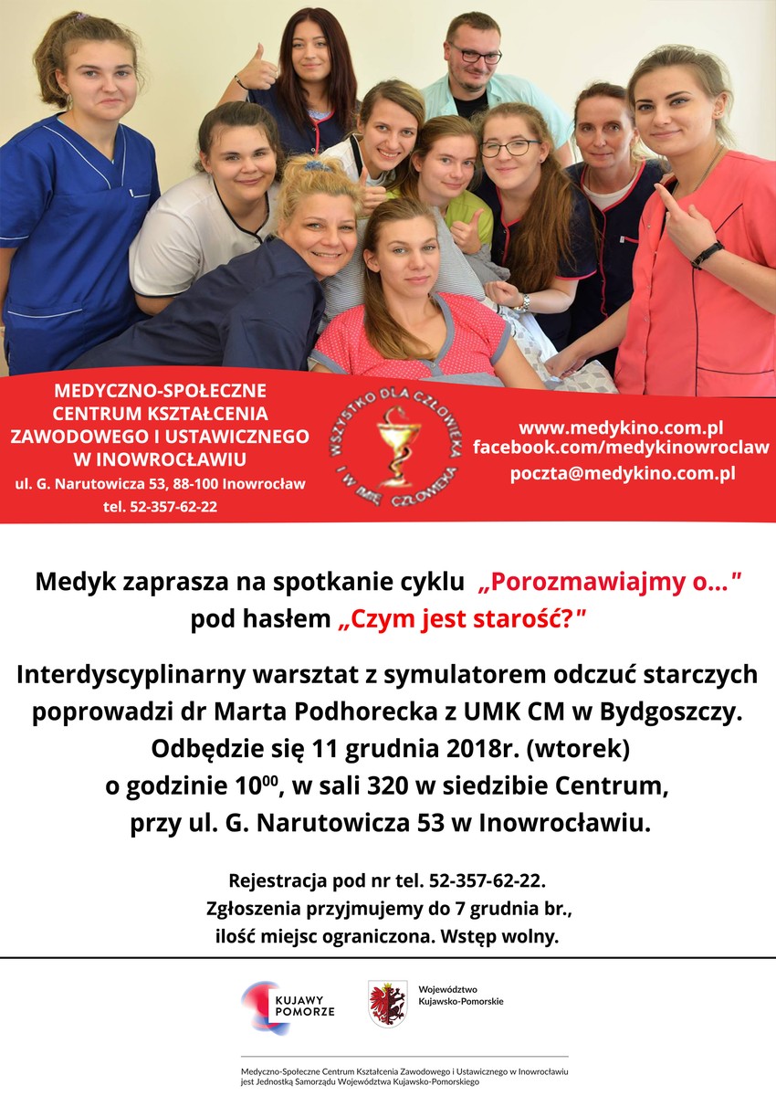 Plakat informujący o spotkaniu, które odbędzie się 11.12.2018r. o godz. 10:00 w Medyczno - Społecznym Centrum Kształcenia Zawodowego i Ustawicznego w Inowrocławiu