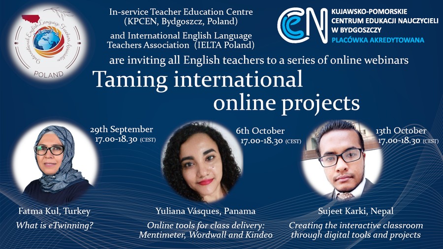 Plakat - Międzynarodowe webinaria dla nauczycieli języka angielskiego TAMING INTERNATIONAL ONLINE PROJECTS