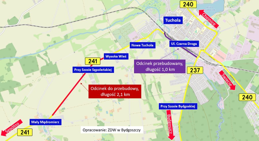 Mapka remontowanych odcinków DW 241 w powiecie tucholskim, oprac. ZDW