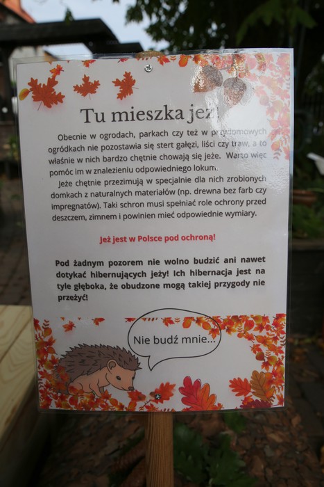 Informacja o jeżach na tabliczce, fot. Dorota Borzyszkowska