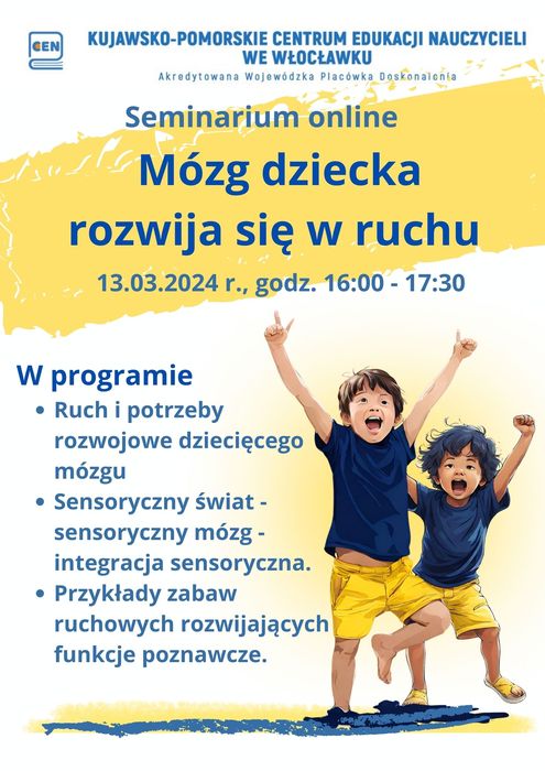 Plakat - Seminarium online "Mózg dziecka rozwija się w ruchu"