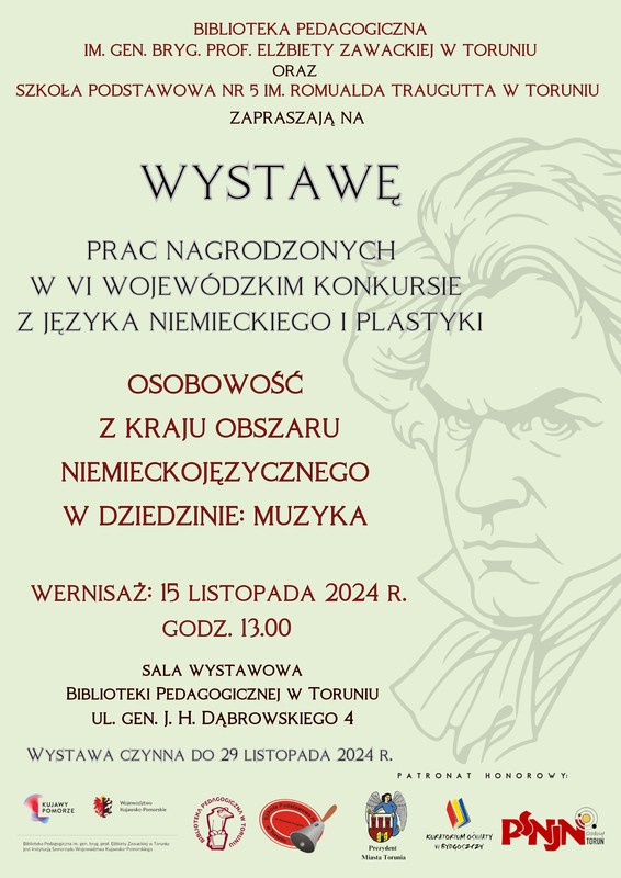 Plakat - Wystawa prac nagrodzonych w VI wojewódzkim konkursie z języka niemieckiego i plastyki "Osobowość z kraju obszaru niemieckojęzycznego w dziedzinie: muzyka" – Biblioteka Pedagogiczna w Toruniu