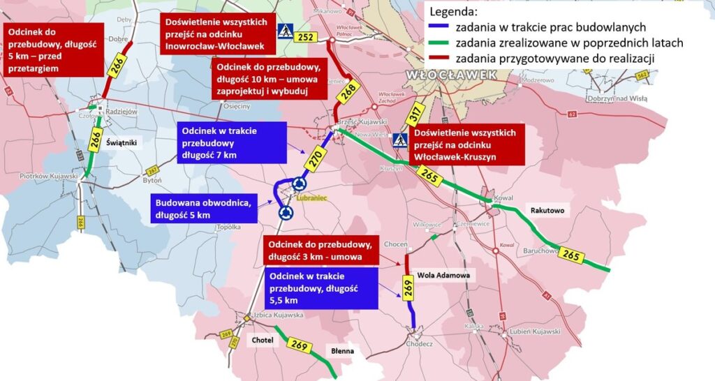 Mapka pokazująca planowane zadania dotyczące dróg 266 w okolicach Radziejowa, 252, 268, 270, 317 w okolicach Włocławka oraz 269 w okolicach Chodcza, graf. ZDW