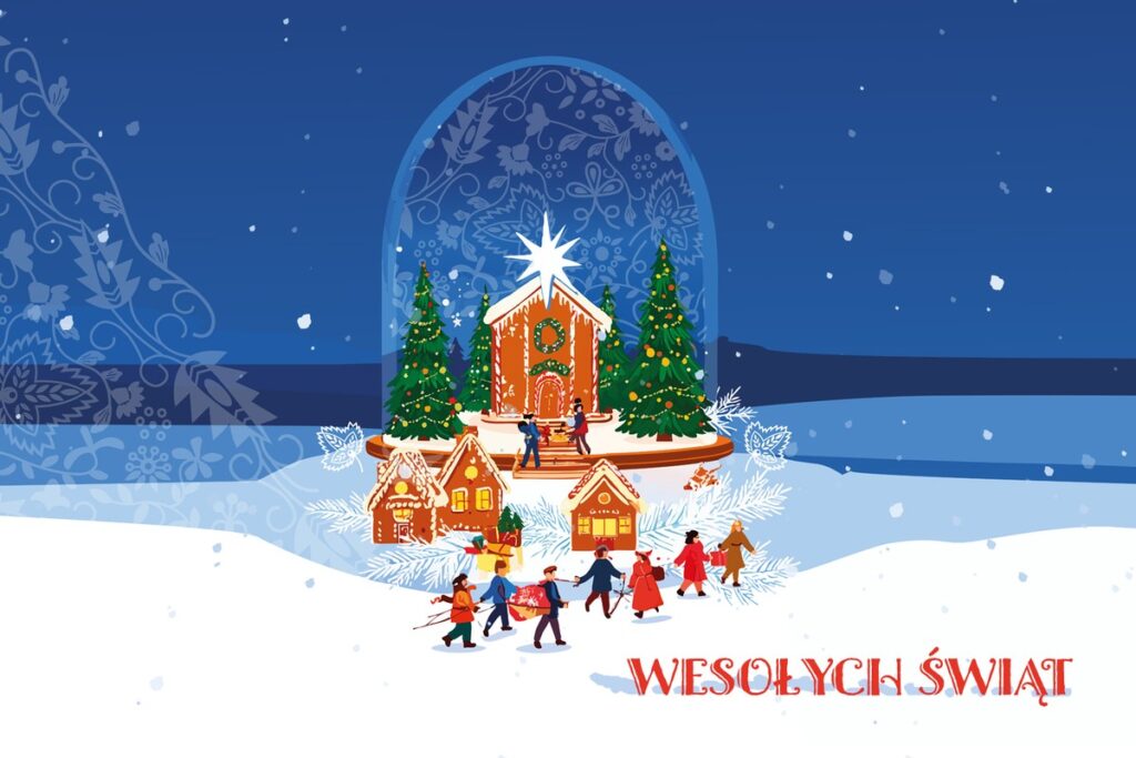 Świąteczny obrazek z napisem "Wesołych Świąt", przedstawiający radosną atmosferę Bożego Narodzenia