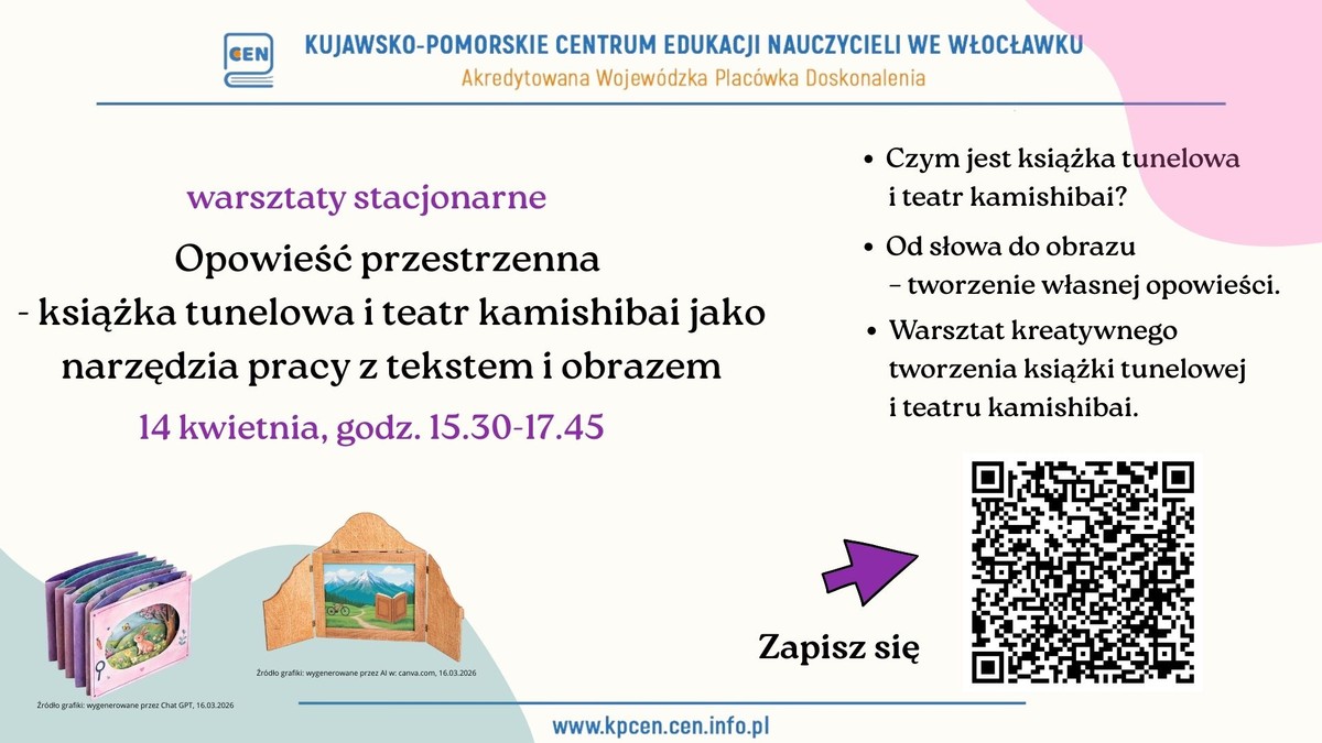 Grafika z krótkim opisem, datą i godziną warsztatów oraz kodem QR do zapisów.