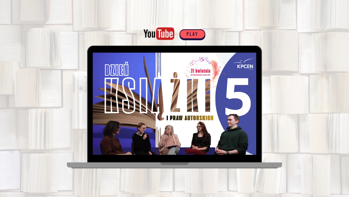 Dzień Książki - grafika przewodnia wydarzenia oraz osoby biorące udział w dyskusji: Anna Molenda oraz uczniowie Aleksandra Filarska i Klaudia Kowalska z V Liceum Ogólnokształcącego im. Jana Pawła II w Toruniu oraz Marta Lewandowska i Michał Ławicki z Uniwersyteckiego Liceum Ogólnokształcącego w Toruniu