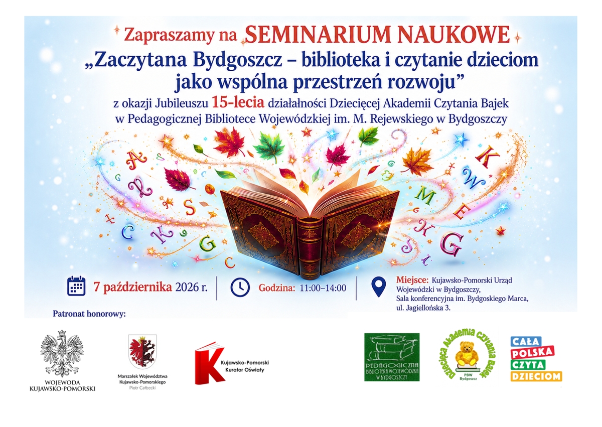 Baner seminarium z motywem otwartej książki, z której wylatują powiewy wiatru, liście i litery oraz logotypy instytucji patronatu honorowego