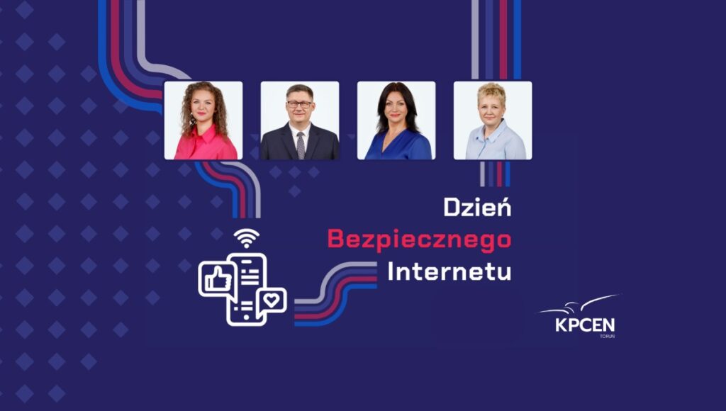 Dzień Bezpiecznego Internetu – relacja z wydarzenia: Na grafice motyw wydarzenia oraz zdjęcia prelegentów: Marcelina Górksa-Będzitka, Sławomir Żebrowski, Jolanta Serocka-Kondej i Anna Smolar