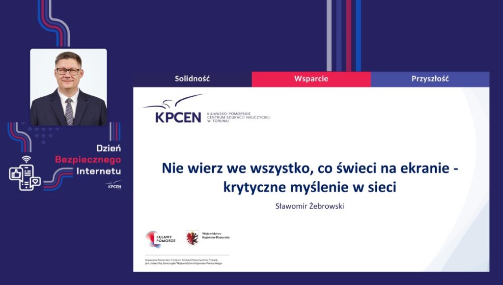 Dzień Bezpiecznego Internetu 3. Na grafice strona tytułowa prezentacji oraz Sławomir Żebrowski