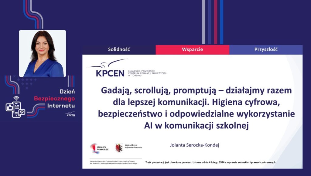 Dzień Bezpiecznego Internetu 4. Na grafice strona tytułowa prezentacji oraz Jolanta Serocka-Kondej