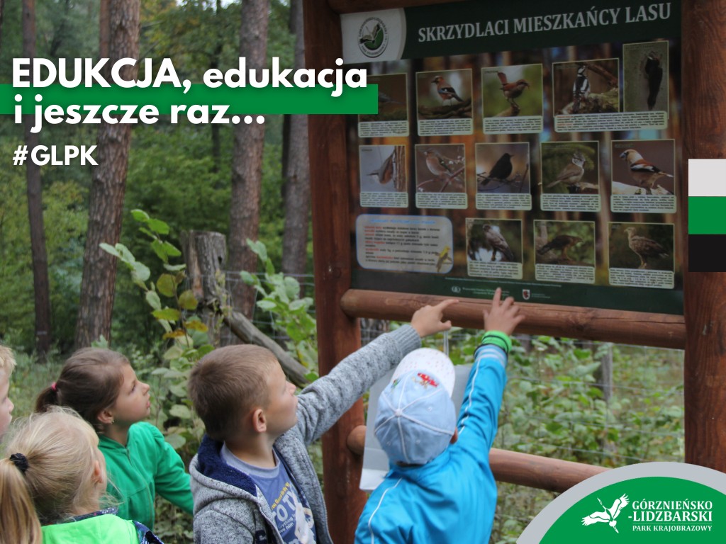Cieci pokazujące na tablicę informacyjną o ptakach występujących w parku, Napis: Edukacja, edukacja i jeszcze raz... GLPK