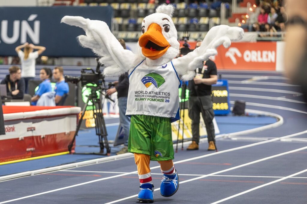 The mascot of the 2026 Indoor World Championships in Toruń in the hall during the ORLEN Copernicus Cup 2026 competition