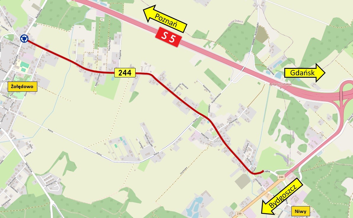 Mapka pokazujące przebieg drogi nr 244 w Żołędowie w powiecie bydgoskim