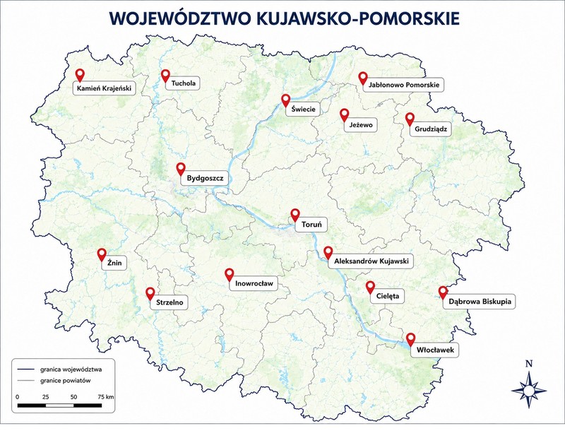 Mapka dotacji przyznanych 10 czerwca 2026, źródło: Departament Wdrażania Funduszy Europejskich dla Kujaw i Pomorza