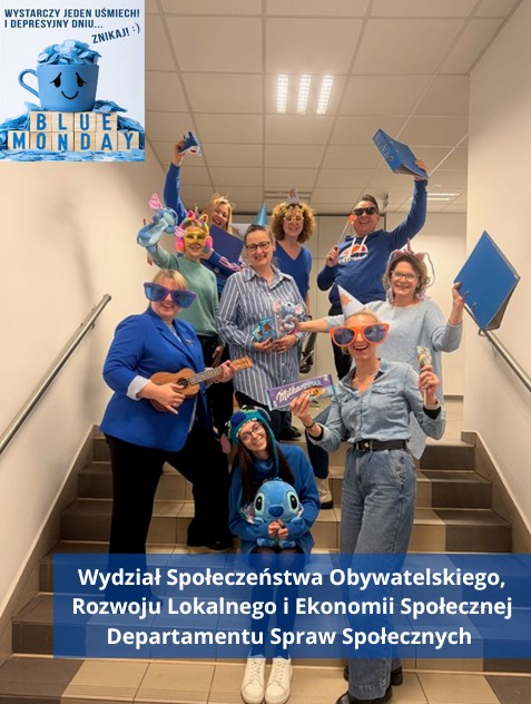 Pracownicy Wydziału Społeczeństwa Obywatelskiego, Rozwoju Lokalnego i Ekonomii Społecznej Departamentu Spraw Społecznych, zdjęcie na konkurs „Odczarujmy Blue Monday” 2026